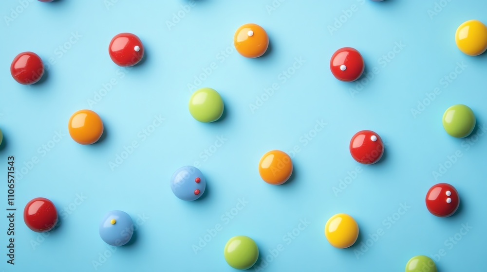 Colorful candy balls arranged in a pattern on a light blue background. Colorful candy balls arranged in a pattern on a light blue background.