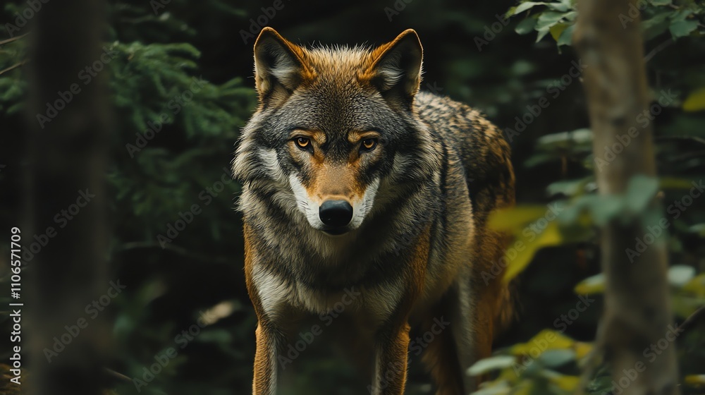 A wolf stands alert and stares intently at the camera in a forest. A wolf stands alert and stares intently at the camera in a forest.