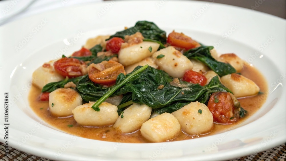 Gnocchi dish with wilted spinach, garlic, and tomatoes in a light brown sauce on a white plate, savory dish, flavorful sauce
