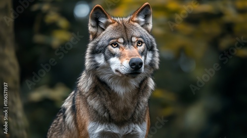 A wolf with piercing eyes looks to the side with a blurred forest background.