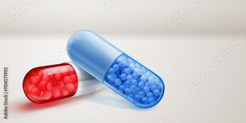 Translucent red and blue capsules with soft shadows, filled with smal medicine granules inside, lying on a white surface