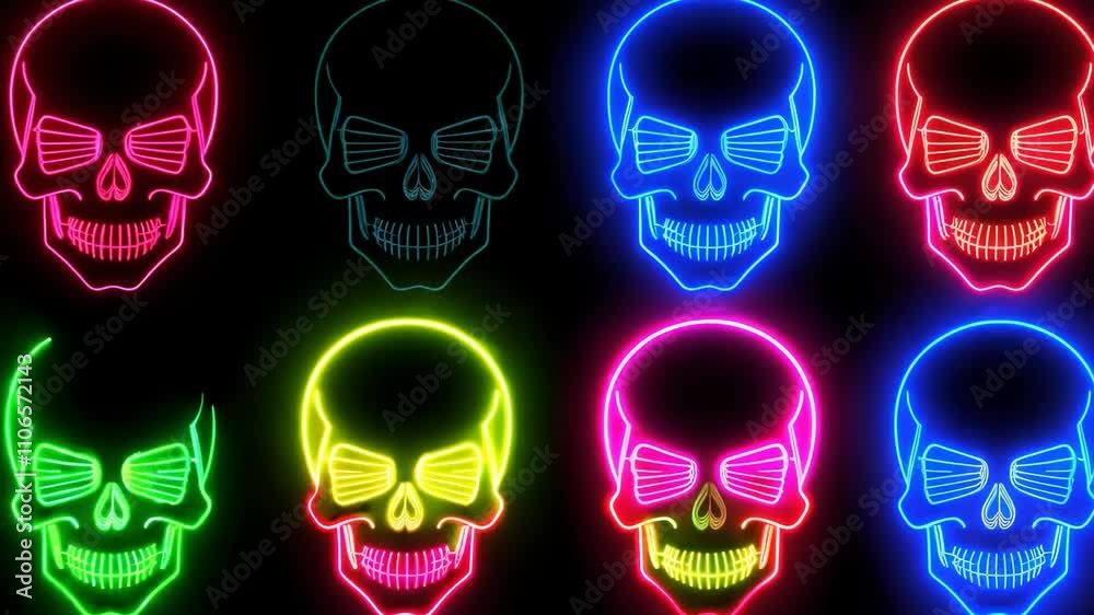 A series of colorful skulls with glowing eyes. The skulls are arranged in a row and are all different colors A series of colorful skulls with glowing eyes. The skulls are arranged in a row and are all different colors