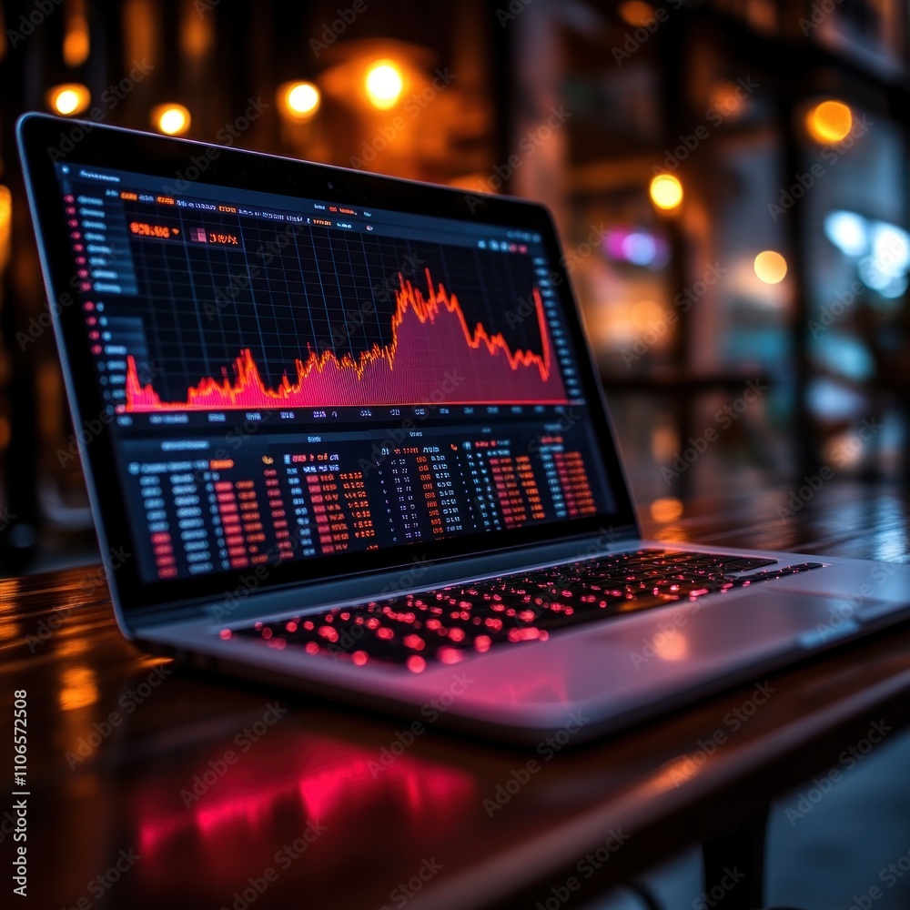 Laptop displaying stock market graph at night. Laptop displaying stock market graph at night.