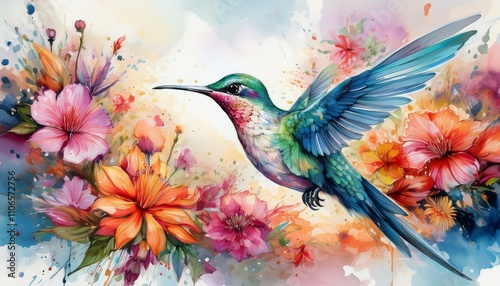 Vibrant hummingbird in flight amidst a colorful floral explosion.