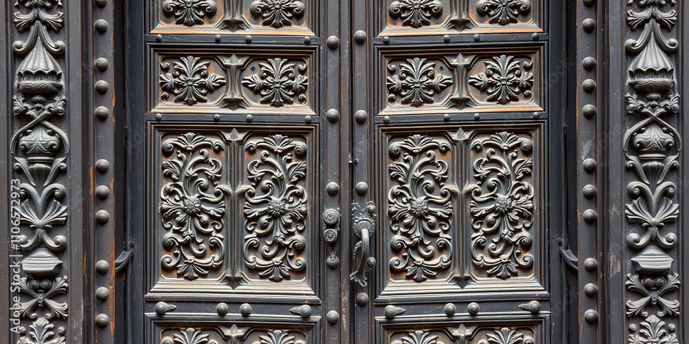 Old metal door with intricate carvings in Krakow's historic architecture, ornate details, rivets Old metal door with intricate carvings in Krakow's historic architecture, ornate details, rivets