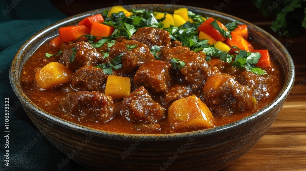 Rich Beef Stew with Vegetables, Slow Cooked Dinner, Hearty Home-Cooked Meal, Beef Chunks, Potatoes, Carrots, Peppers, Leafy Garnish in Rustic Bowl