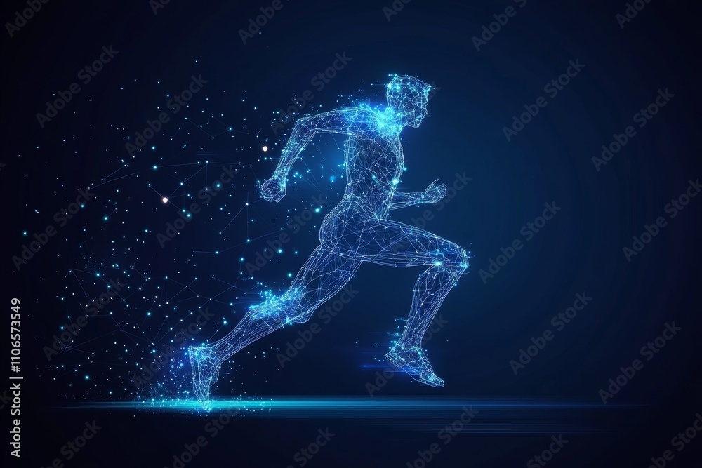 Futuristic Runner Abstract Illustration of a Wireframe Man in Blue with Light Trails and Geometric Shapes Futuristic Runner Abstract Illustration of a Wireframe Man in Blue with Light Trails and Geometric Shapes