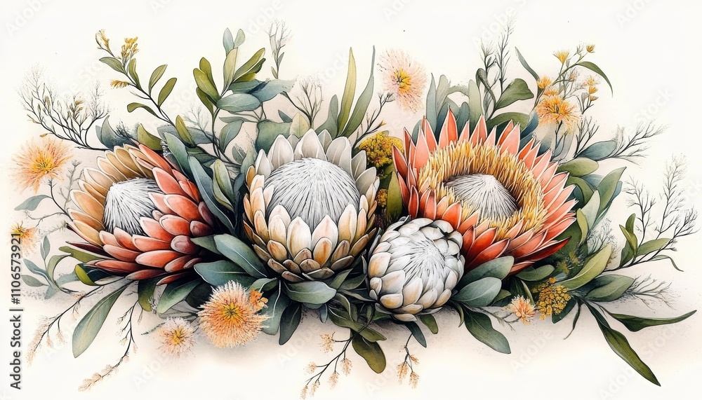Obraz premium Protea Flower Illustration for Weddings, Mother's Day and Birthdays Minimalist Style Botanical Art