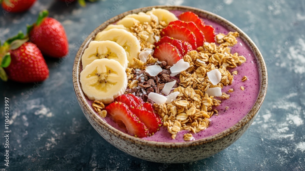 A colorful bowl of acai smoothie topped with granola, sliced banana, strawberries A colorful bowl of acai smoothie topped with granola, sliced banana, strawberries