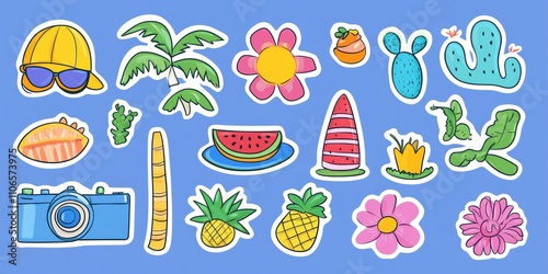 Colorful Summer Sticker Set with Icons of Beach Palm Tree Sunglasses Watermelon Slice Camera Surfboard and More