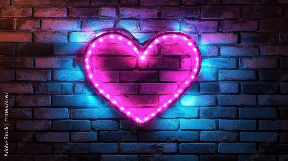 Glowing Pink Heart Neon Sign on Dark Brick Wall with Blue Ambient Light Glowing Pink Heart Neon Sign on Dark Brick Wall with Blue Ambient Light
