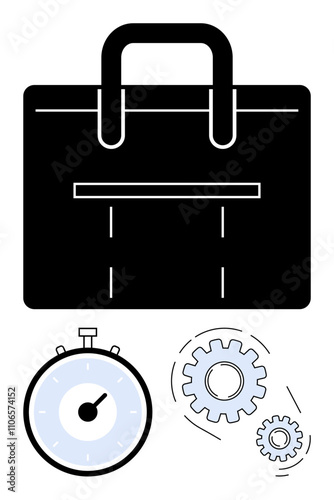 Briefcase stopwatch and gears. Ideal for business, efficiency, organization, productivity, time management, professional settings, work-life balance. Line metaphor