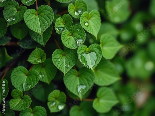 tiny green leaves with intricate heart-shaped water droplets, nature scenes, green foliage, insect habitats