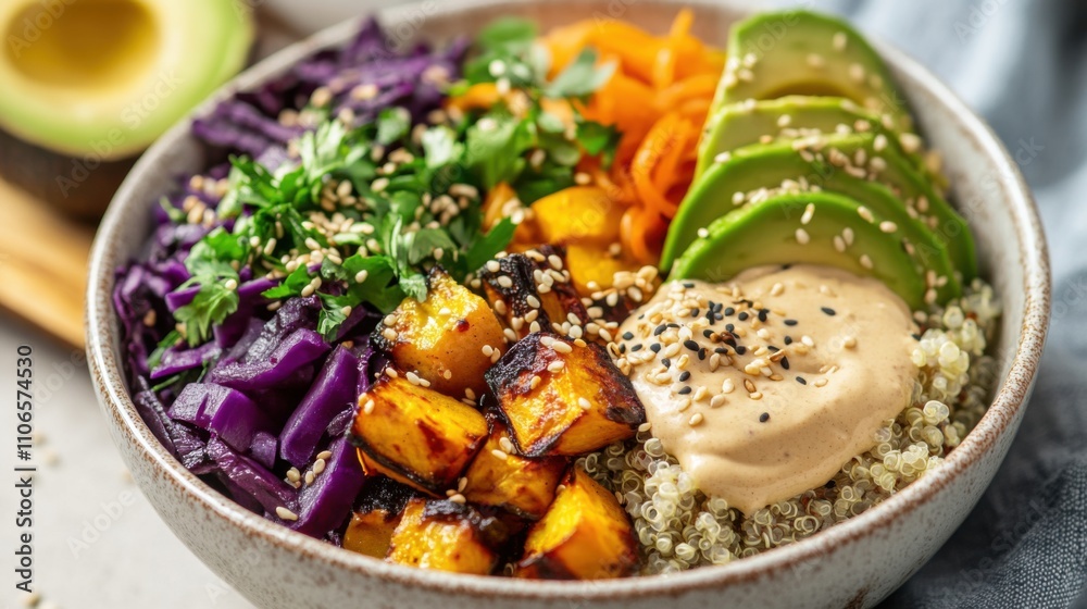 A colorful bowl of Buddha bowl with quinoa, roasted vegetables, avocado slices A colorful bowl of Buddha bowl with quinoa, roasted vegetables, avocado slices
