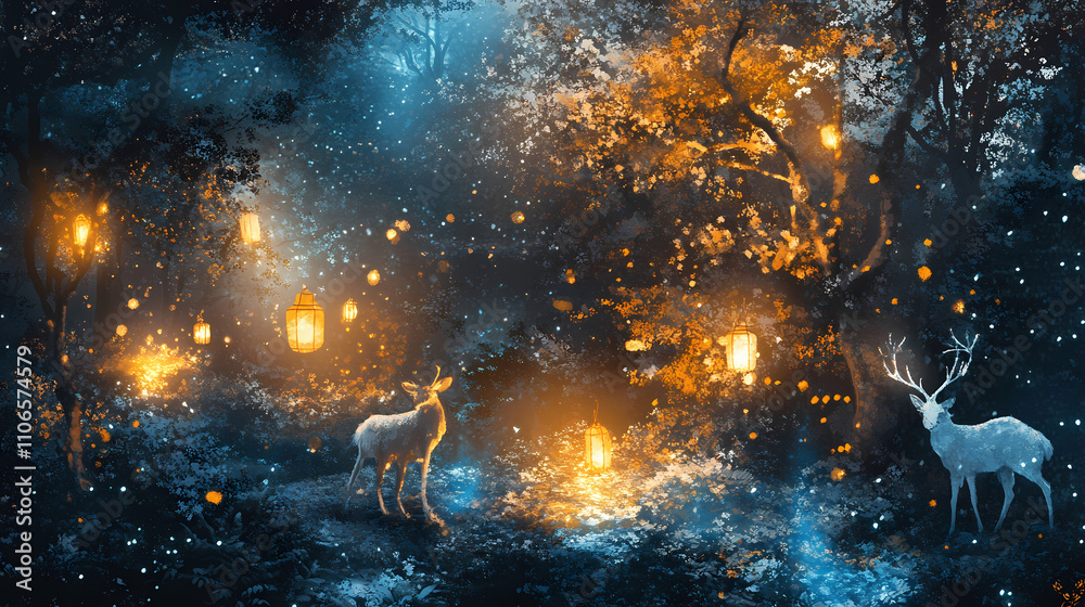 Enchanted forest with mystical creatures and glowing lanterns, fantasy, night, enchanted, forest, magical, creatures. Mythic. Illustration