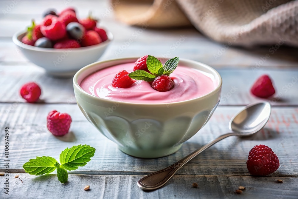 Beautiful Silhouette Photography of Pink Fruit Yogurt in a Ceramic Bowl with Spoon on a Light Background, Highlighting Selective Focus and Delicate Colors for Stock Use Beautiful Silhouette Photography of Pink Fruit Yogurt in a Ceramic Bowl with Spoon on a Light Background, Highlighting Selective Focus and Delicate Colors for Stock Use