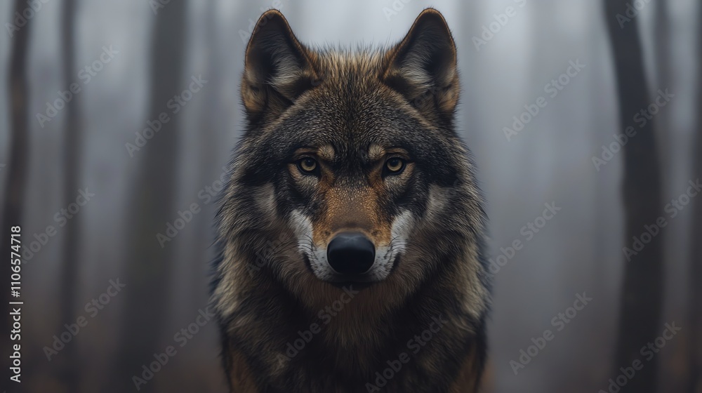 A close up of a wolf looking directly at the camera in a foggy forest. A close up of a wolf looking directly at the camera in a foggy forest.