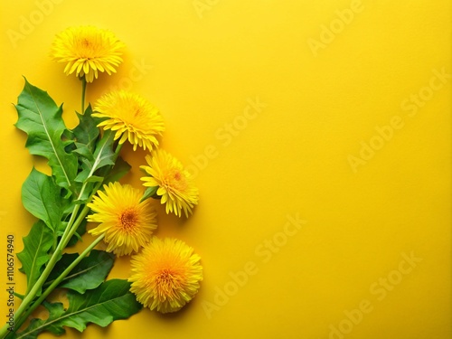 Beautiful Spring or Summer Background Featuring Five Yellow Dandelions with Leaves on a Yellow Surface, Perfect for Text Placement in a Bright and Cheerful Setting
