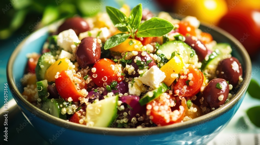 A colorful bowl of Greek-style quinoa salad with cherry tomatoes, cucumbers, olives A colorful bowl of Greek-style quinoa salad with cherry tomatoes, cucumbers, olives