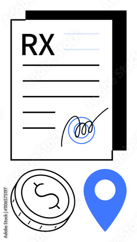 Medical prescription with signature, coin representing cost, and location pin. Ideal for healthcare services, telemedicine, financial planning, pharmacy, location services, digital records