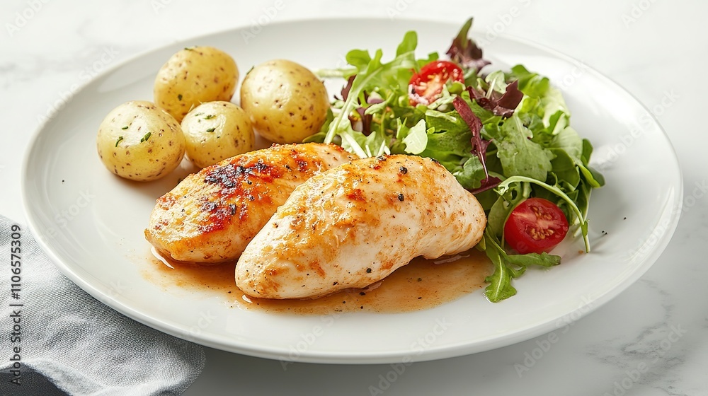 Studio food photography of a delicious chicken fillet served with a fresh salad and mini potatoes on a white plate, captured from a 3/4 view under soft light. 