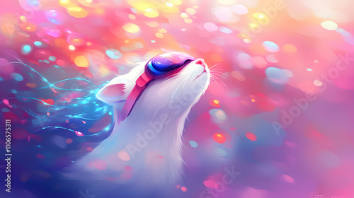 Wallpaper Mural Whimsical digital painting of a white cat wearing goggles, gazing upwards amidst a vibrant, colorful bokeh background.  Perfect for fantasy, whimsical, or pet-themed projects. Torontodigital.ca