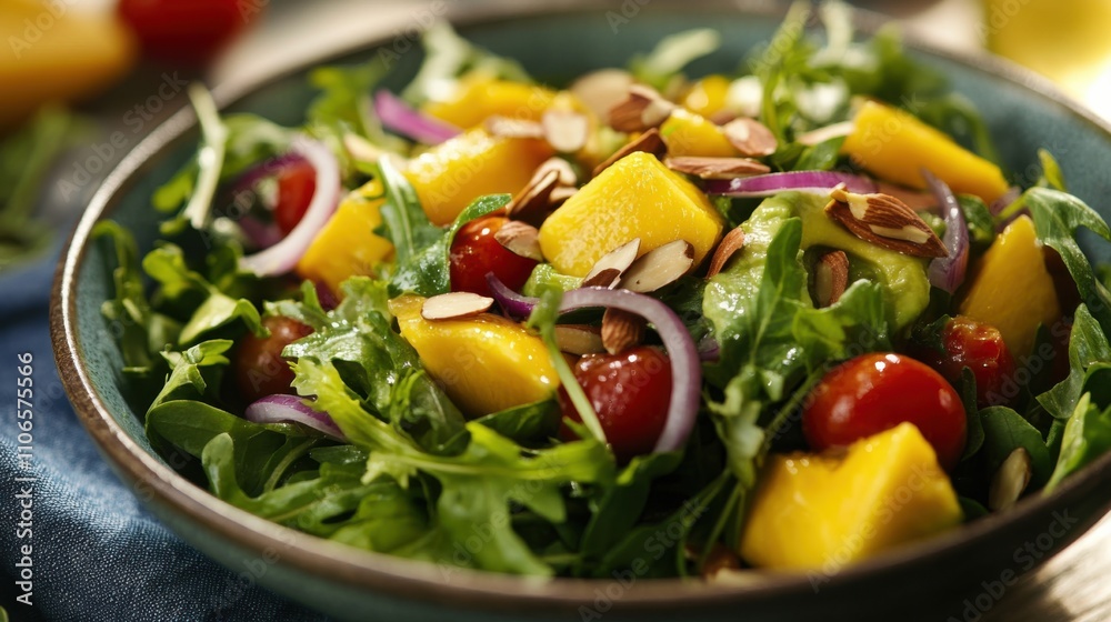 A colorful bowl of mango and avocado salad with mixed greens, cherry tomatoes, red onions A colorful bowl of mango and avocado salad with mixed greens, cherry tomatoes, red onions