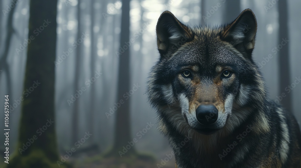 A wolf looks directly at the camera in a foggy forest. A wolf looks directly at the camera in a foggy forest.