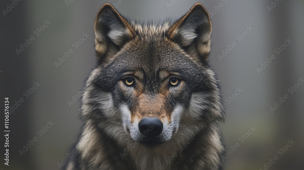 A wolf looks directly at the camera in a foggy forest. A wolf looks directly at the camera in a foggy forest.