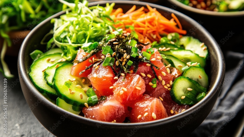 A colorful bowl of poke salad featuring marinated tuna, avocado slices, and seaweed salad A colorful bowl of poke salad featuring marinated tuna, avocado slices, and seaweed salad