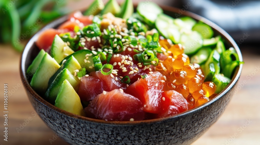 A colorful bowl of poke salad featuring marinated tuna, avocado slices, and seaweed salad