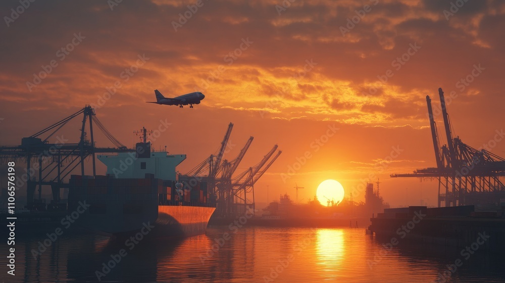 A dramatic sunrise shot of cargo transportation with a ship, plane, and cranes working in a logistics hub, symbolizing international trade and shipping A dramatic sunrise shot of cargo transportation with a ship, plane, and cranes working in a logistics hub, symbolizing international trade and shipping