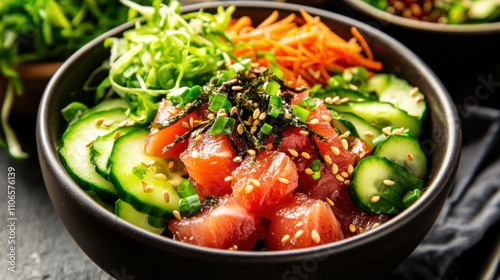 A colorful bowl of poke salad featuring marinated tuna, avocado slices, and seaweed salad