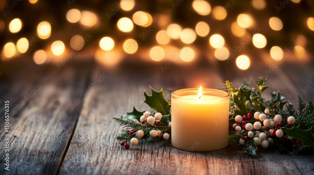 A warm, inviting scene with a lit candle surrounded by winter greenery against a bokeh background.