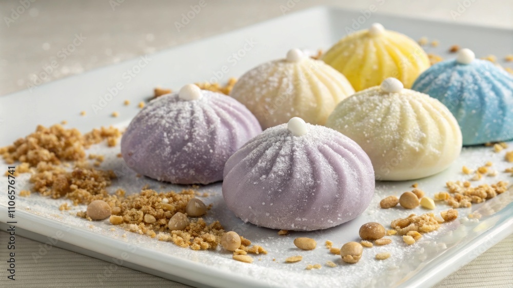 Sweet Taro Dumplings A visually appealing arrangement of soft pastelcolored taro dumplings with hues of lavender pale yellow and blue. Each dumpling is lightly dusted with powdered Sweet Taro Dumplings A visually appealing arrangement of soft pastelcolored taro dumplings with hues of lavender pale yellow and blue. Each dumpling is lightly dusted with powdered