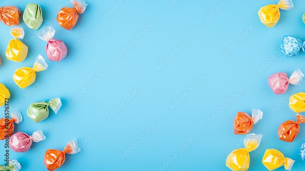 Colorful candies in cellophane wrappers on a blue background. Colorful candies in cellophane wrappers on a blue background.