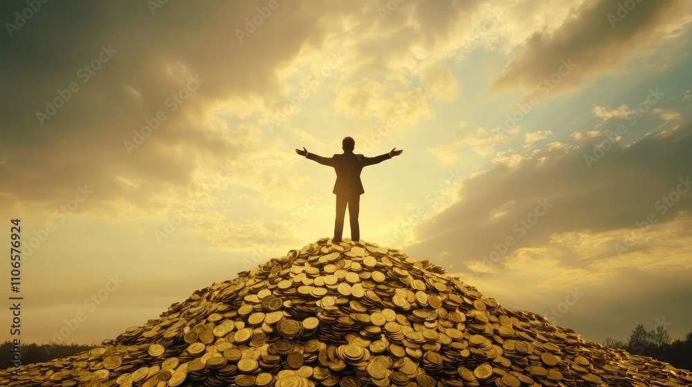 A powerful image of a man standing on a heap of gold coins, symbolizing financial success and prosperity in a dramatic and inspiring way
