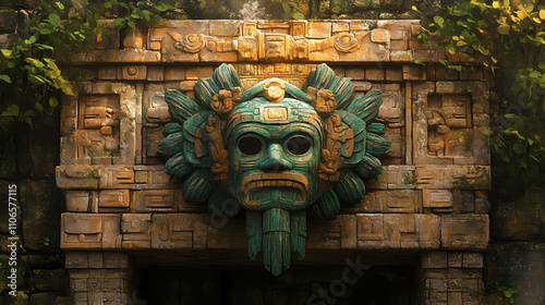 Ancient mayan relief art on stone wall showcasing mythological mask and symbols. Mythic. Illustration photo