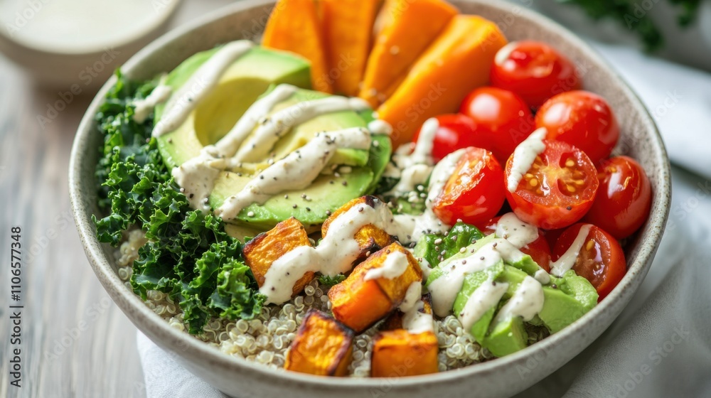 A colorful Buddha bowl filled with quinoa, roasted sweet potatoes, avocado slices A colorful Buddha bowl filled with quinoa, roasted sweet potatoes, avocado slices