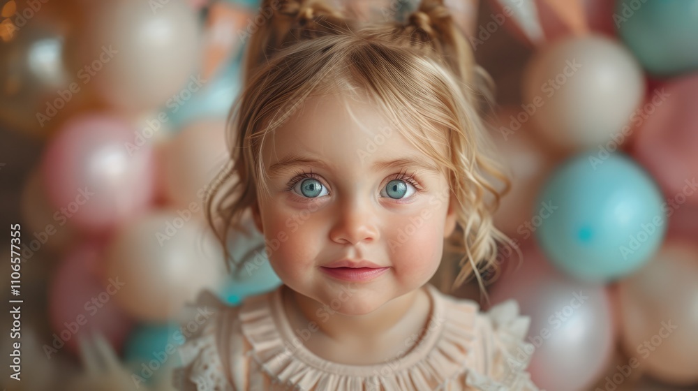 A Caucasian baby girl smiling near birthday cake and balloons at home. A Caucasian baby girl smiling near birthday cake and balloons at home.