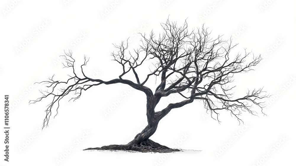 Fototapeta premium Desolate withering tree on white backdrop. Mythic. Illustration