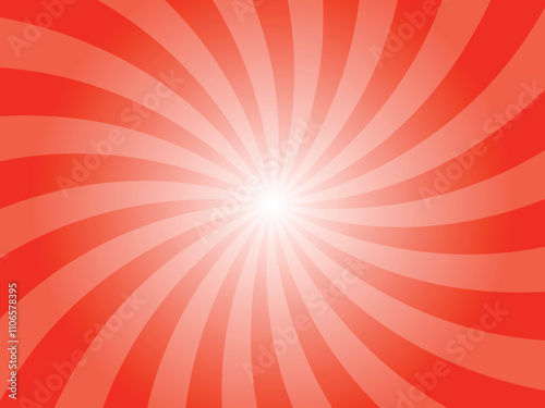 Sun ray vector red background. Scarlet red swirl radial beam sunrise or sunset light retro design illustration. Light sunburst glowing background.