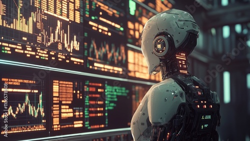 A humanoid robot is looking at the stock market screen with numbers, displaying various stock ticker symbols and colorful numbers. showing real-time trading data , generative ai