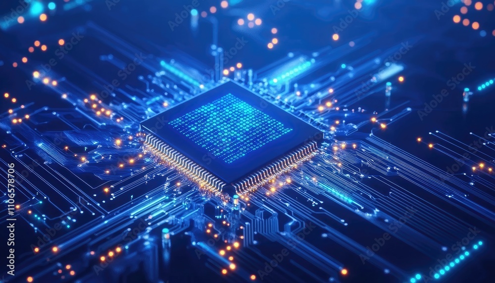 Abstract blue background with a glowing chip and binary code, a tech concept,generative ai Abstract blue background with a glowing chip and binary code, a tech concept,generative ai