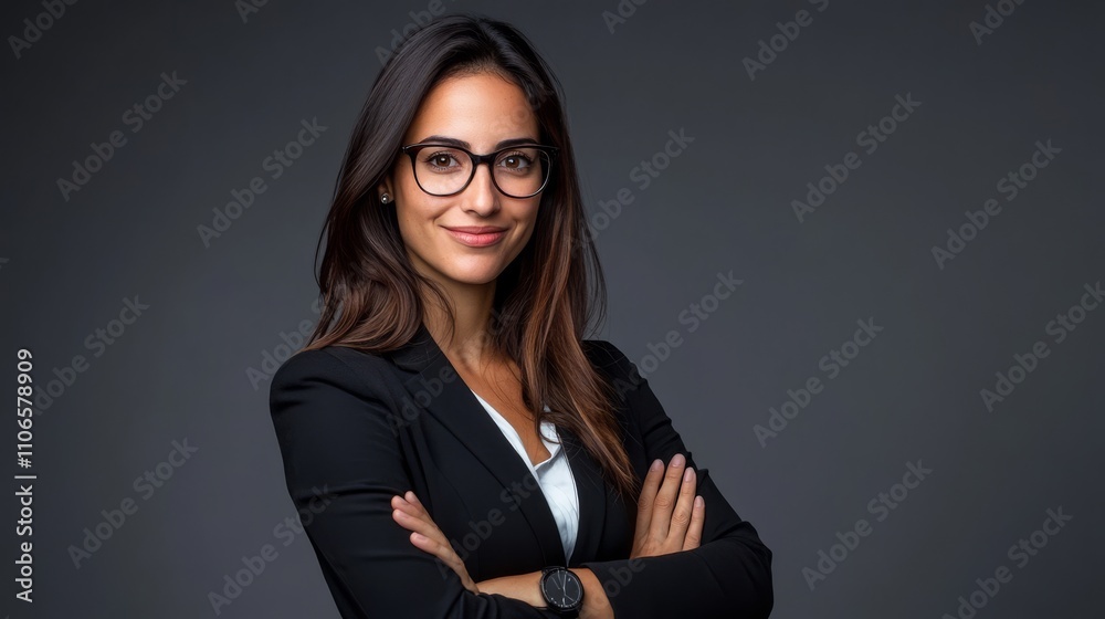 A confident woman in professional attire poses with arms crossed, wearing glasses against a dark background, exuding a sense of professionalism and poise. A confident woman in professional attire poses with arms crossed, wearing glasses against a dark background, exuding a sense of professionalism and poise.