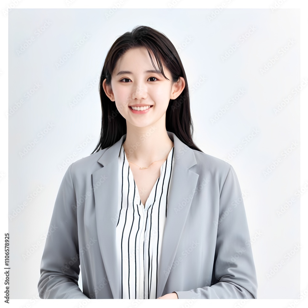 A woman smiling, close-up on a white background. A woman smiling, close-up on a white background.