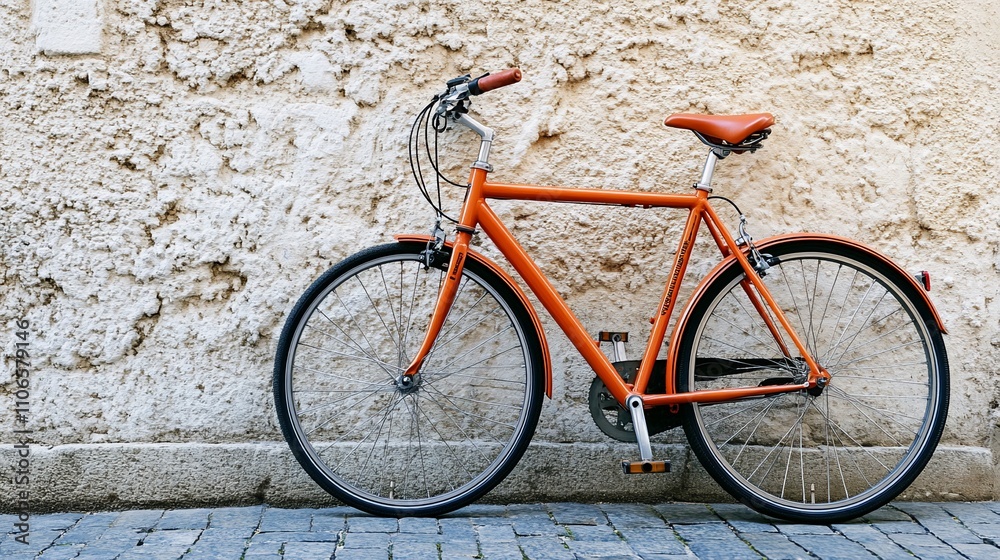 Orange bicycle leaning against a textured wall. Orange bicycle leaning against a textured wall.