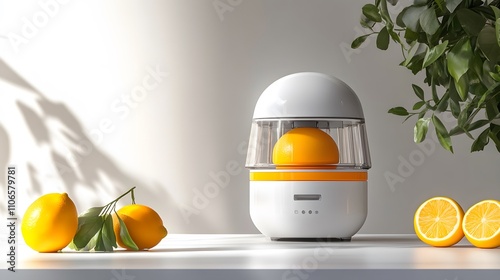 An electric citrus juicer with a compact design, placed on a plain white surface for a sharp presentation. photo