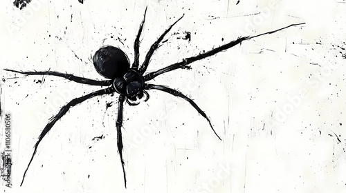 A spider's dark outline sprawls across a pure white canvas, its eight legs splayed out in a deliberate. Mythic. Illustration