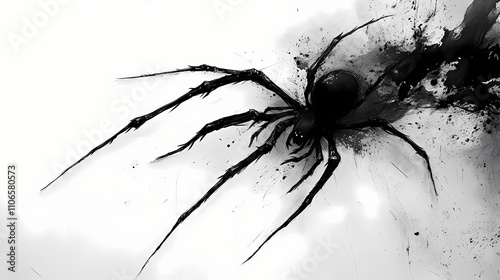 A spider's dark outline sprawls across a pure white canvas, its eight legs splayed out in a deliberate. Mythic. Illustration
